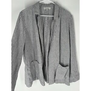 Womens Open Front Linen Blend Striped Blazer Sz L Nautical Coastal Preppy Flowy